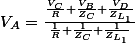 V_{A} = \frac{\frac{V_{C}}{R}+\frac{V_{B}}{Z_{C}}+\frac{V_{D}}{Z_{L_{1}}}}{\frac{1}{R}+\frac{1}{Z_{C}}+\frac{1}{Z_{L_{1}}}}